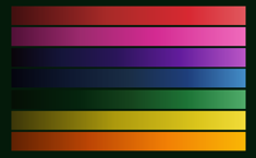 dieses Bild zeigt die von a2s bevorzugt angewendeten Farbverläufe in den 7 Hauptfarben Rot, Rosa, Violett, Blau, Grün, Gelb und Orange, jeweils von links nach rechts heller werdend.
